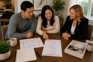 Homeowner and realtor reviewing a listing preparation checklist.